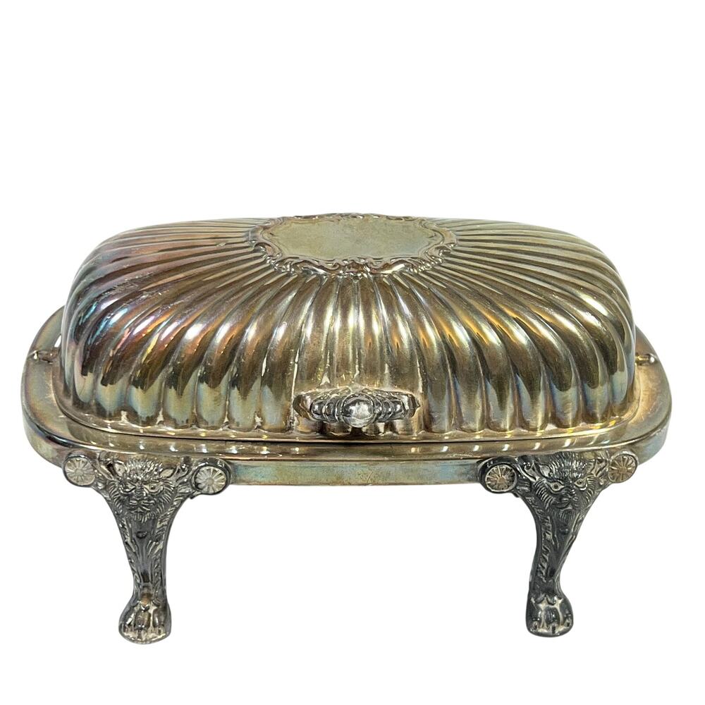 Vintage FB Rogers 357 Silverplate Roll Top Butter Dish Lion Head Paw Feet